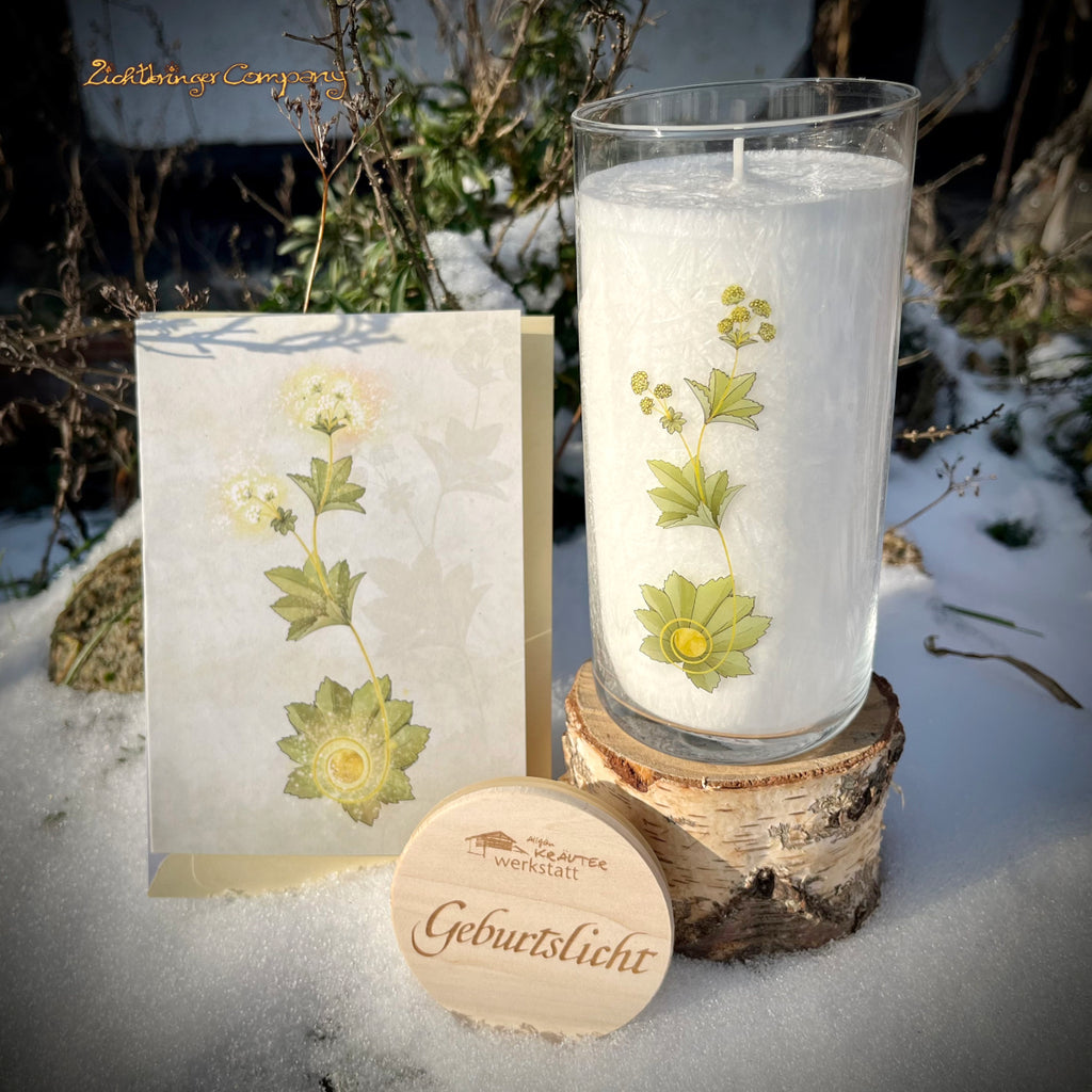 Geburtslicht, Allgäuer Heilkräuterkerze im Glas mit Glückwunschkarte. Glas mit Pflanzenaufdruck und graviertem Holzdeckel