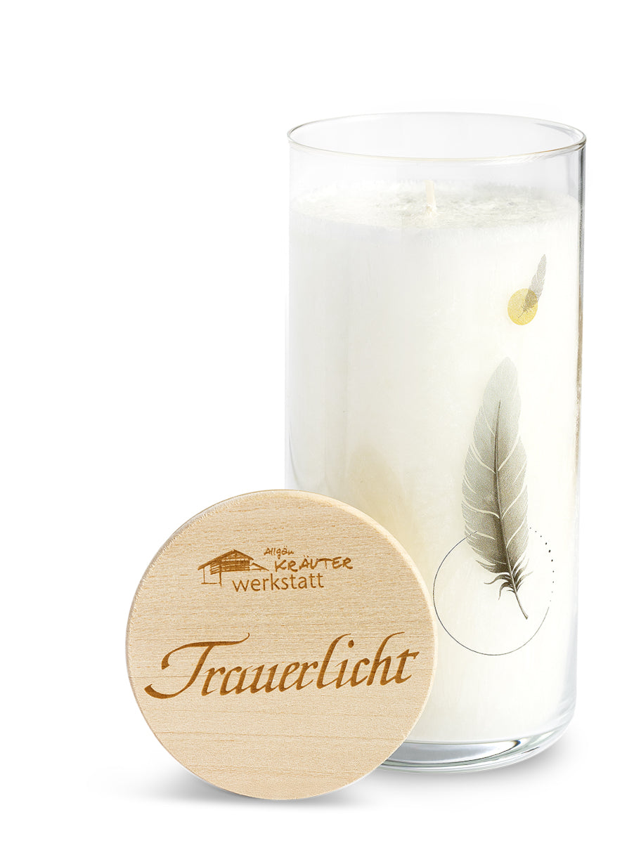 Trauerlicht Feder - Allgäuer Heilkräuterkerze im Glas