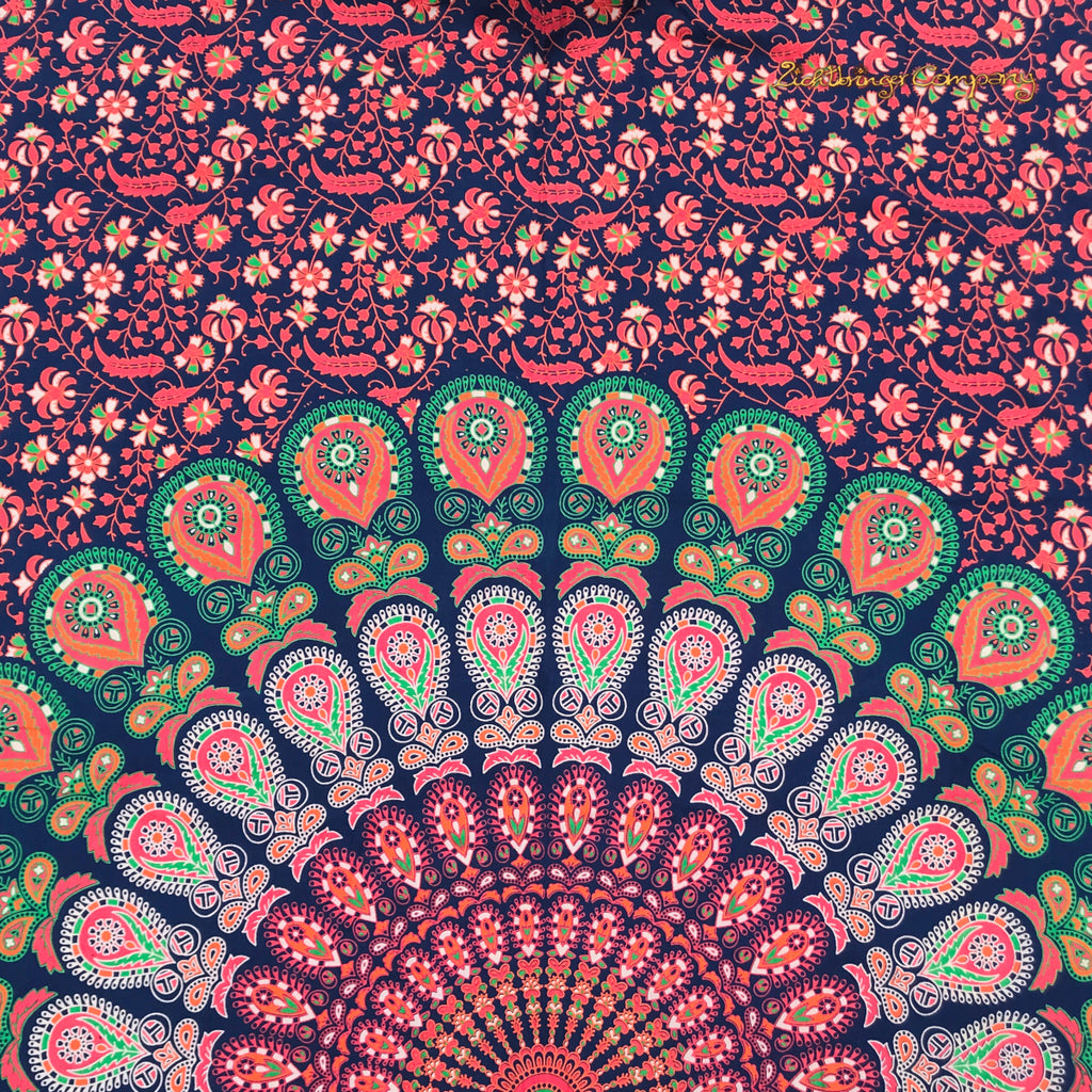 Pfauenfeder Mandala Wandtuch in Orange und Dunkelblau 140 x 200 cm