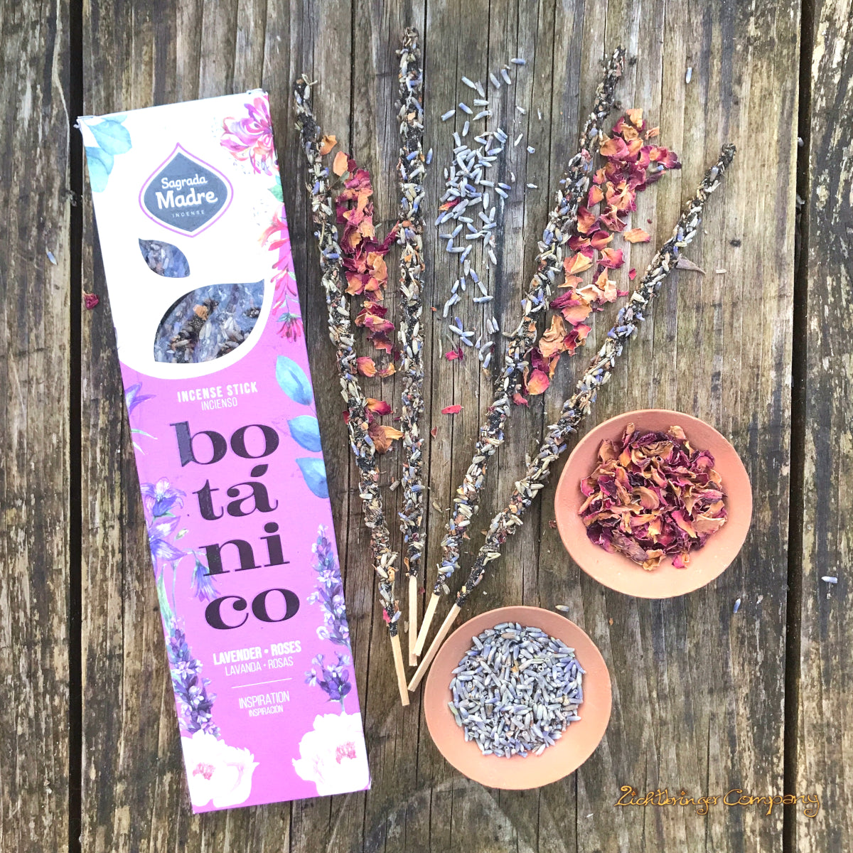 Lavendel Rose Räucherstäbchen von Sagrada Madre, aus der Serie Botanico, mit echten Lavendel- und Rosenblüten