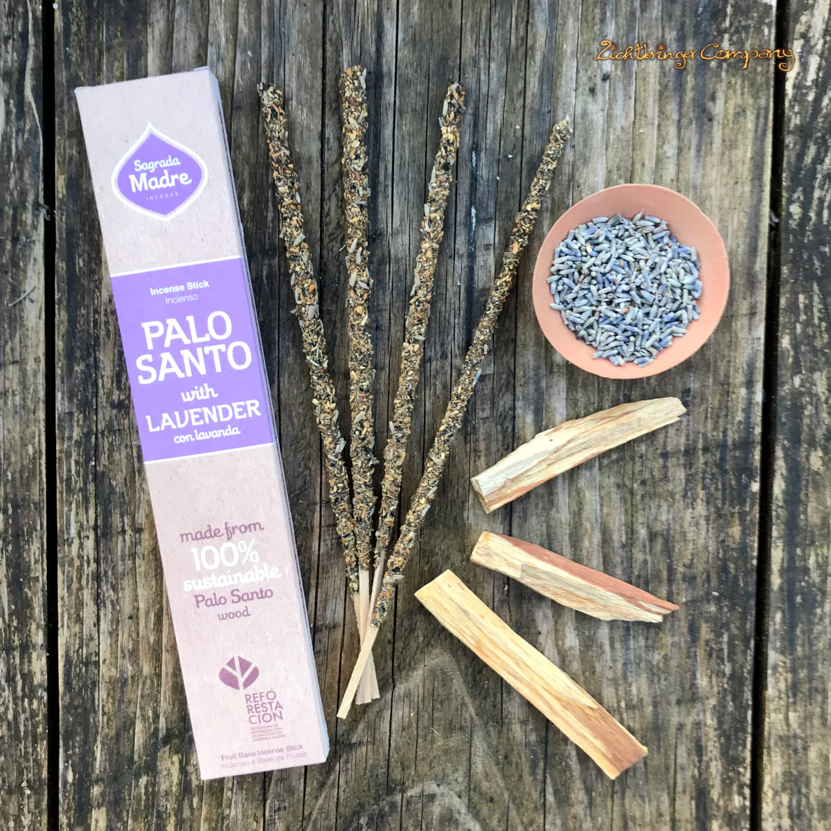 Palo Santo Lavendel Räucherstäbchen von Sagrada Madre, mit einzelnen Zutaten