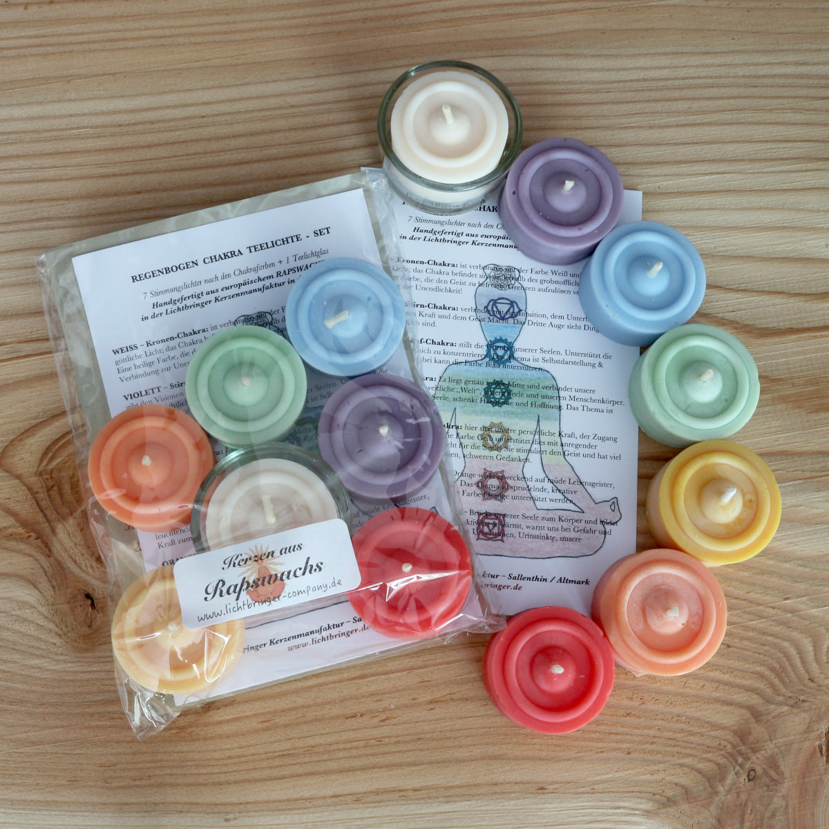 Regenbogen Chakra Teelichter Set aus Rapswachs, inklusive Beschreibung