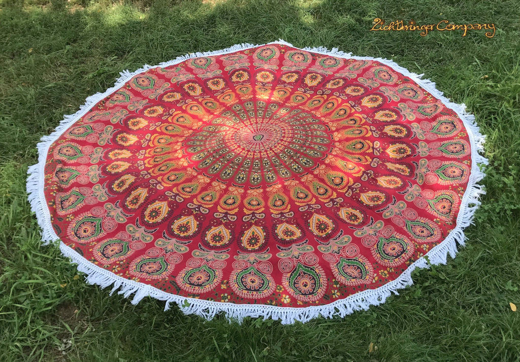 Rundes Pfauenfeder Mandala Wandtuch in Rot und Gelb, Durchmesser 185 cm
