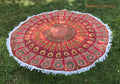 Rundes Pfauenfeder Mandala Wandtuch in Rot und Gelb, Durchmesser 185 cm