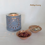 Räucherstövchen Indra aus Speckstein, mit leuchtendem Sonnenornament, mit Weihrauch und Rosenblüten zum Räuchern