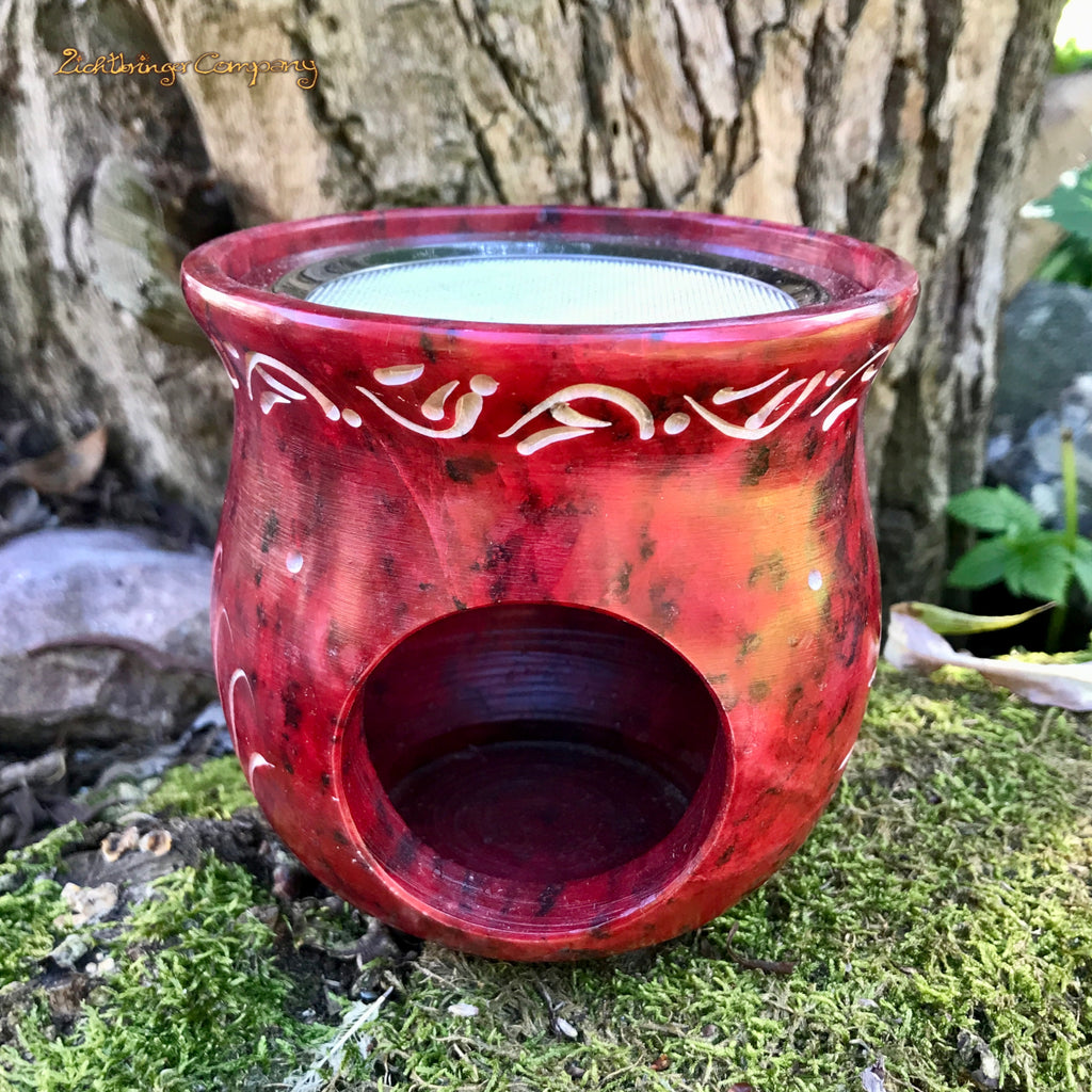 Rotes Räucherstövchen mit Sonnenblume aus Speckstein, Öffnung fürs Teelicht