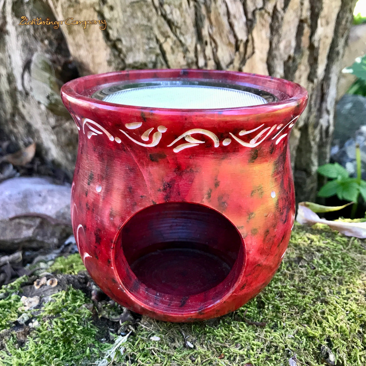 Rotes Räucherstövchen mit Sonnenblume aus Speckstein, Öffnung fürs Teelicht