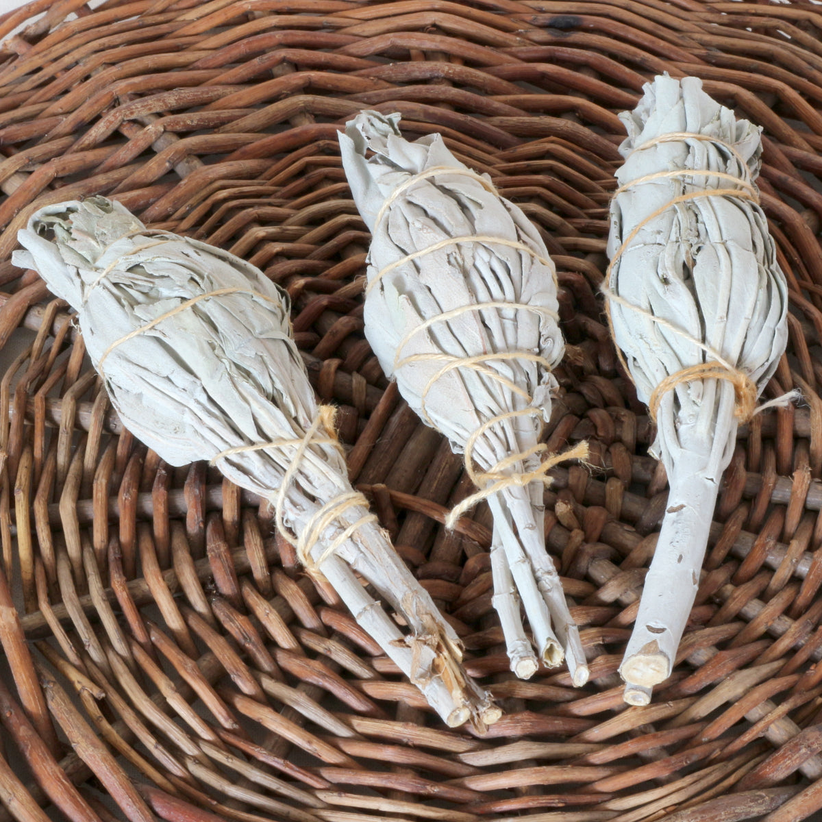 Drei kleine Räucherbündel  Weißer Salbei  – handgebunden mit Garn – Smudge Sticks zur energetischen Reinigung. Gewicht ca. 10-15 g, Länge ca. 10-12 cm