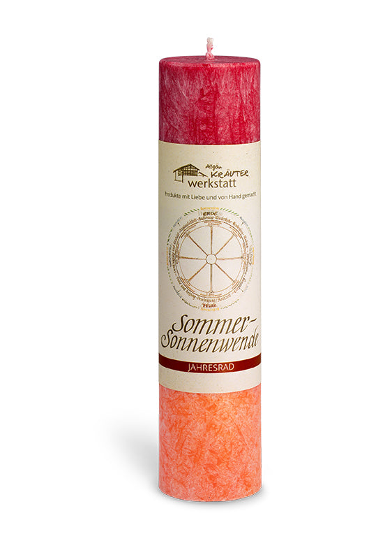 Sommersonnenwende Ritualkerze der Allgäuer Heilkräutermanufaktur, mit Banderole, Serie Jahresrad